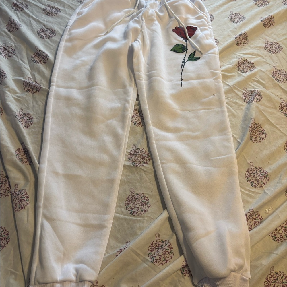 White women Joggers with Rose Design